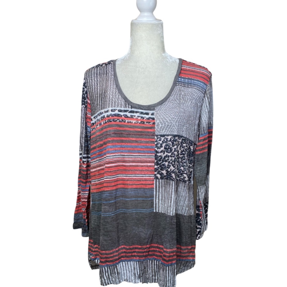 David Cline Patchwork Mixed Pattern Long Sleeve T-Shirt Knit Top Size Large